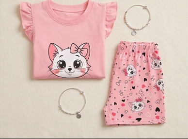 Premium 100% Pure Cotton Sweet Kitty Summer Short Set - Flutter Sleeve Edition