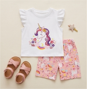 Premium 100% Pure Cotton Magical Unicorn Summer Short Set - Flutter Sleeve Edition