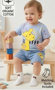 Premium Cotton Kids Summer Short Set - Playful Giraffe Edition