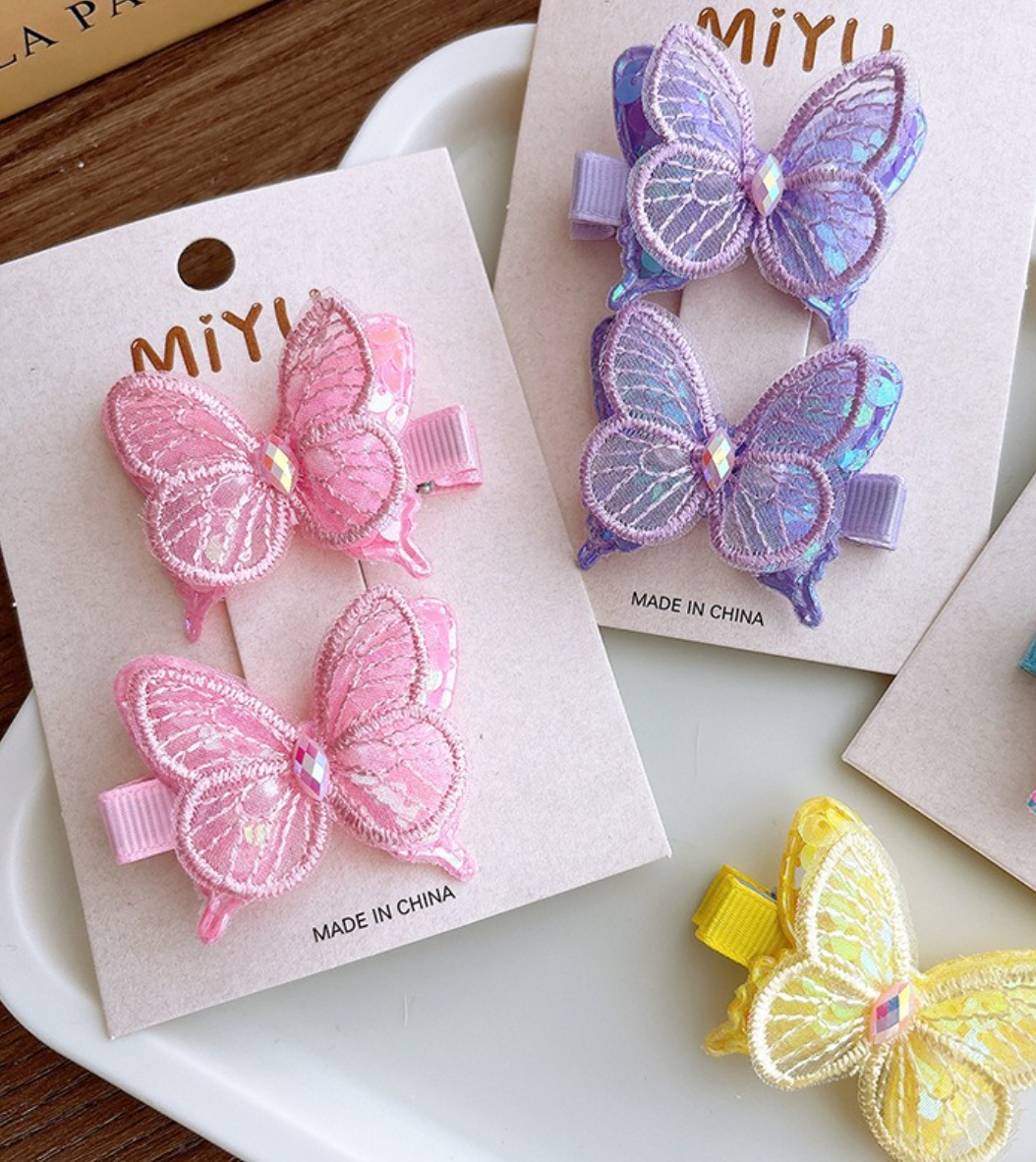 Sheer Mesh Butterfly Side Hair Clips - Gradient Color Hair Barrettes & Duckbill Pins (2-Piece Set)