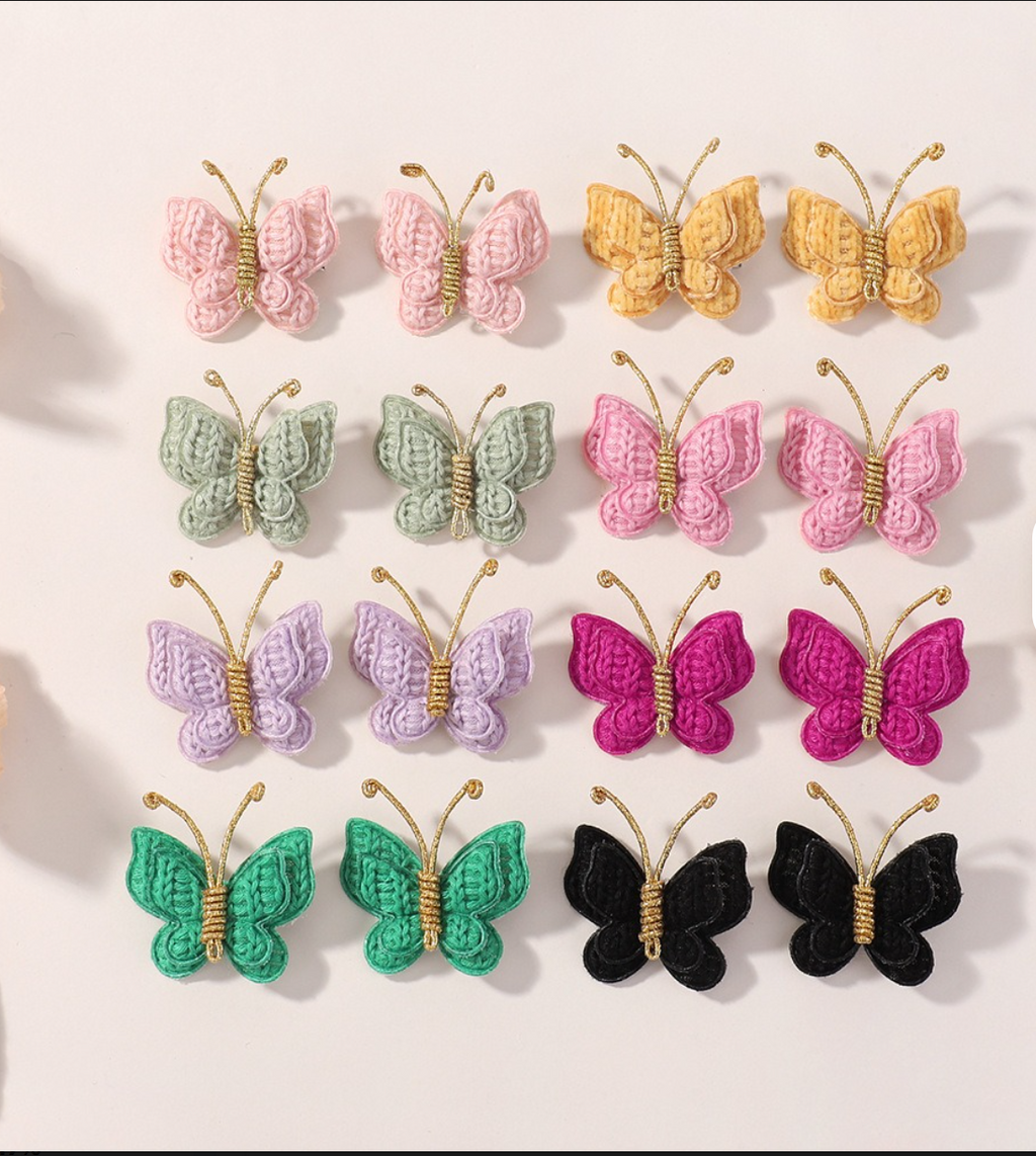 Handmade Embroidered Butterfly Side Hair Clips - Vintage Gold Wire Antenna Hairpins (2-Piece Set)