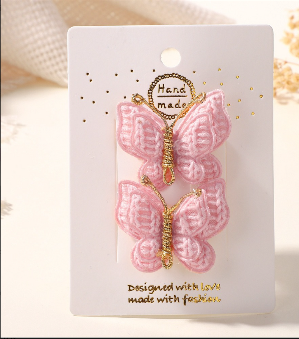 Handmade Embroidered Butterfly Side Hair Clips - Vintage Gold Wire Antenna Hairpins (2-Piece Set)