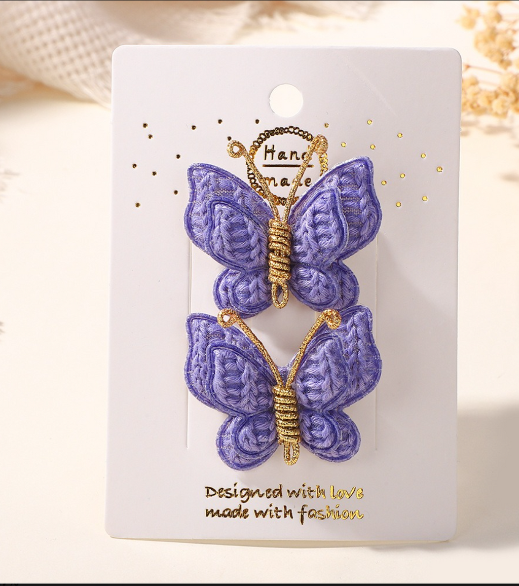 Handmade Embroidered Butterfly Side Hair Clips - Vintage Gold Wire Antenna Hairpins (2-Piece Set)