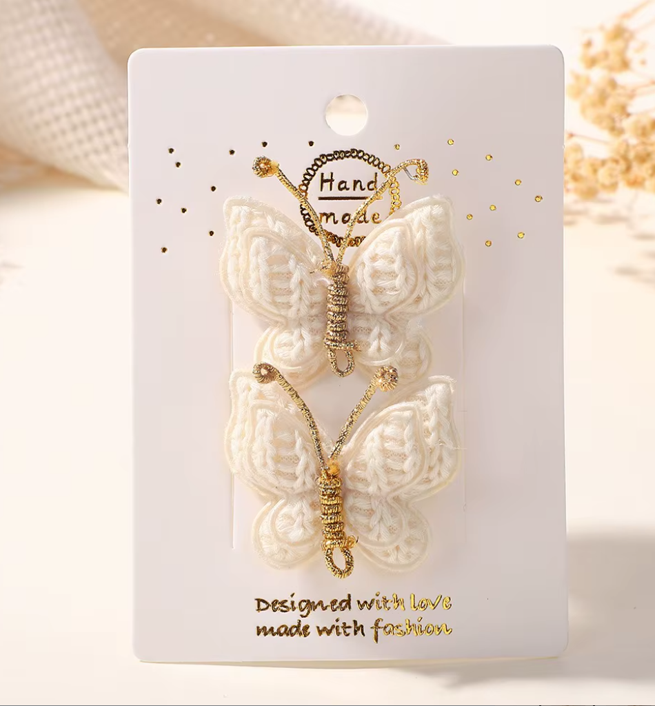 Handmade Embroidered Butterfly Side Hair Clips - Vintage Gold Wire Antenna Hairpins (2-Piece Set)