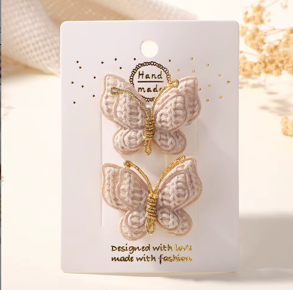 Handmade Embroidered Butterfly Side Hair Clips - Vintage Gold Wire Antenna Hairpins (2-Piece Set)
