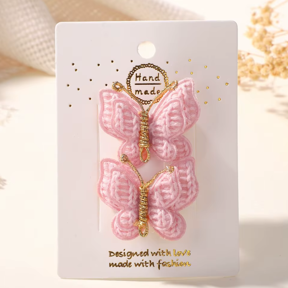 Handmade Embroidered Butterfly Side Hair Clips - Vintage Gold Wire Antenna Hairpins (2-Piece Set)