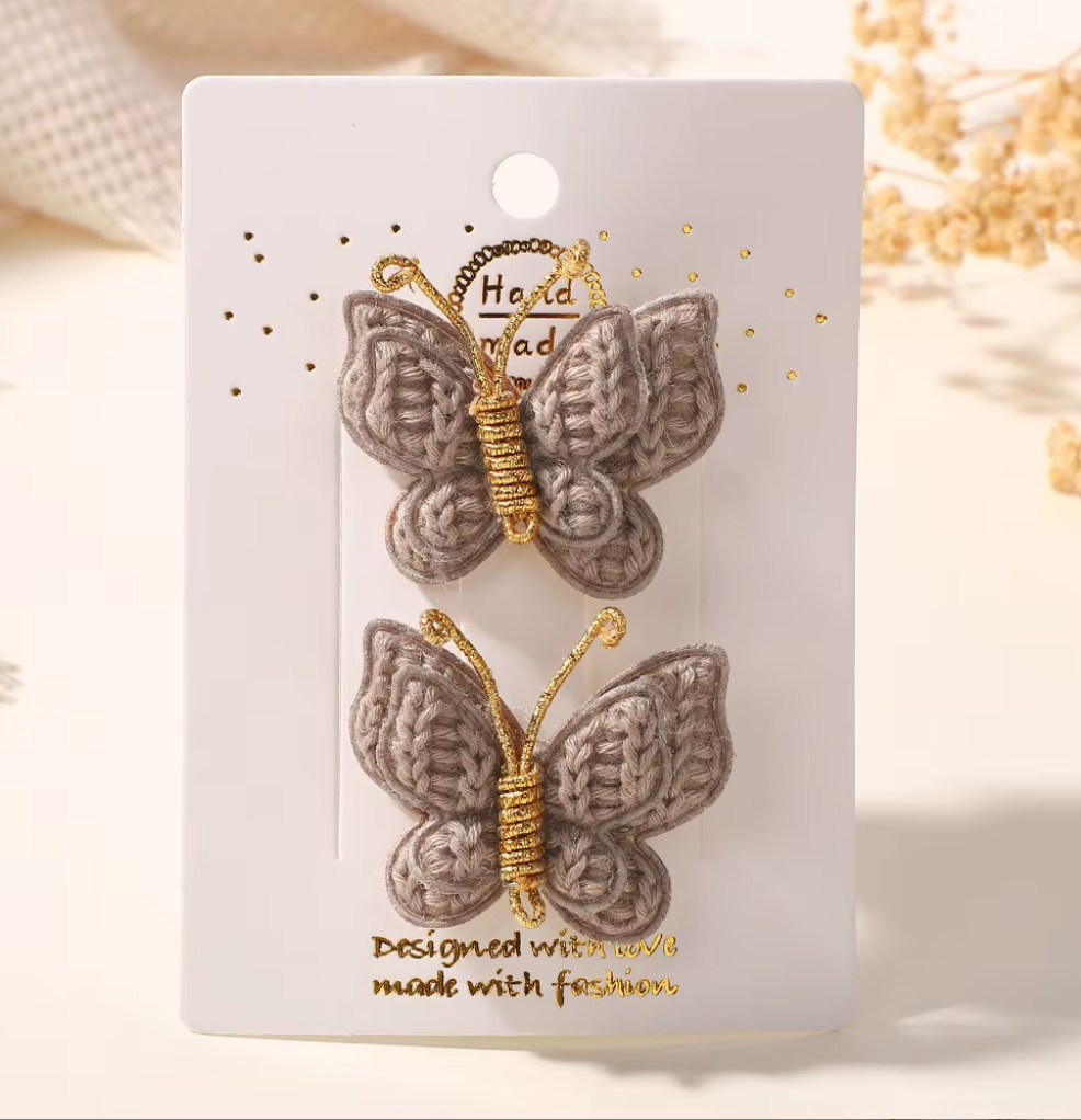 Handmade Embroidered Butterfly Side Hair Clips - Vintage Gold Wire Antenna Hairpins (2-Piece Set)