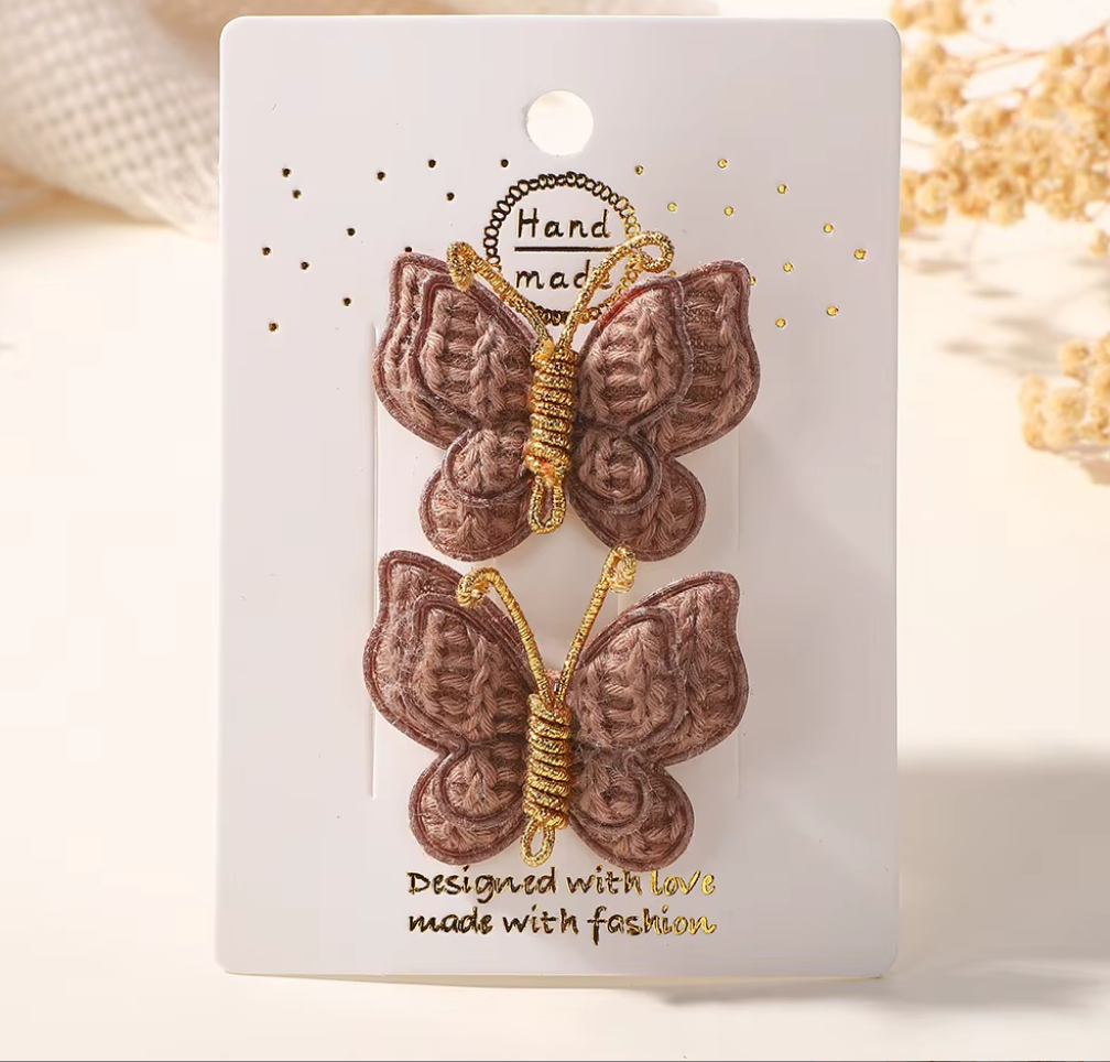 Handmade Embroidered Butterfly Side Hair Clips - Vintage Gold Wire Antenna Hairpins (2-Piece Set)