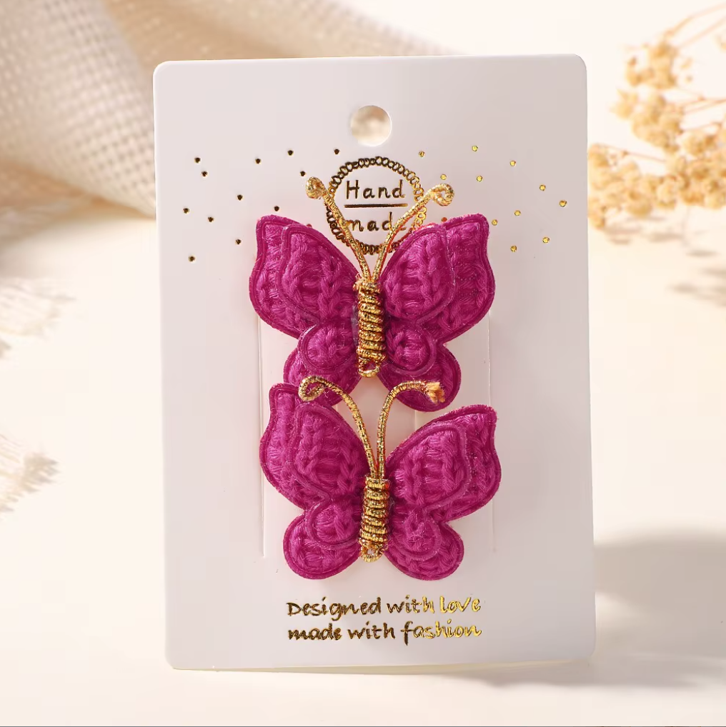 Handmade Embroidered Butterfly Side Hair Clips - Vintage Gold Wire Antenna Hairpins (2-Piece Set)