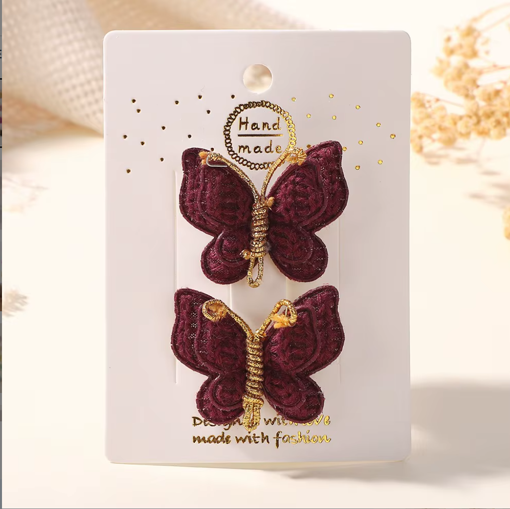 Handmade Embroidered Butterfly Side Hair Clips - Vintage Gold Wire Antenna Hairpins (2-Piece Set)
