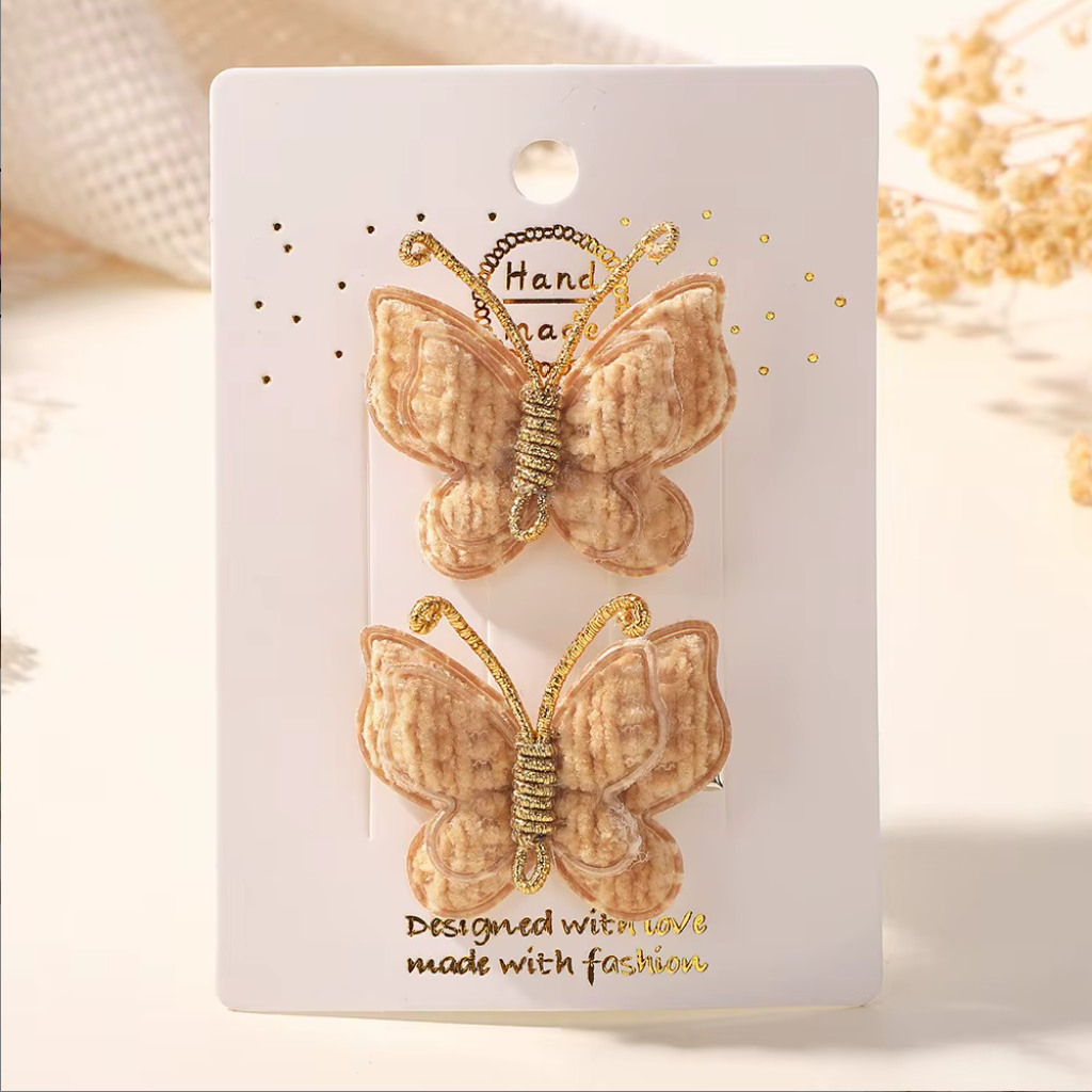 Handmade Embroidered Butterfly Side Hair Clips - Vintage Gold Wire Antenna Hairpins (2-Piece Set)