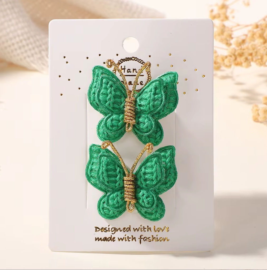 Handmade Embroidered Butterfly Side Hair Clips - Vintage Gold Wire Antenna Hairpins (2-Piece Set)