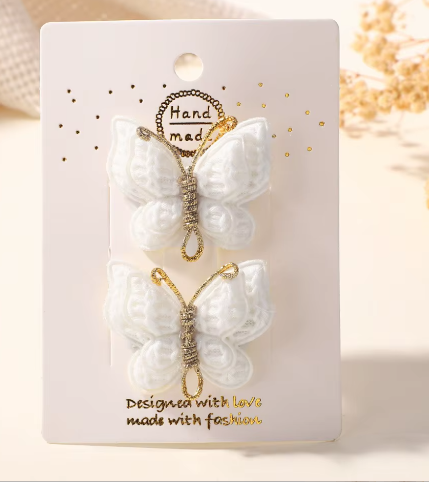 Handmade Embroidered Butterfly Side Hair Clips - Vintage Gold Wire Antenna Hairpins (2-Piece Set)