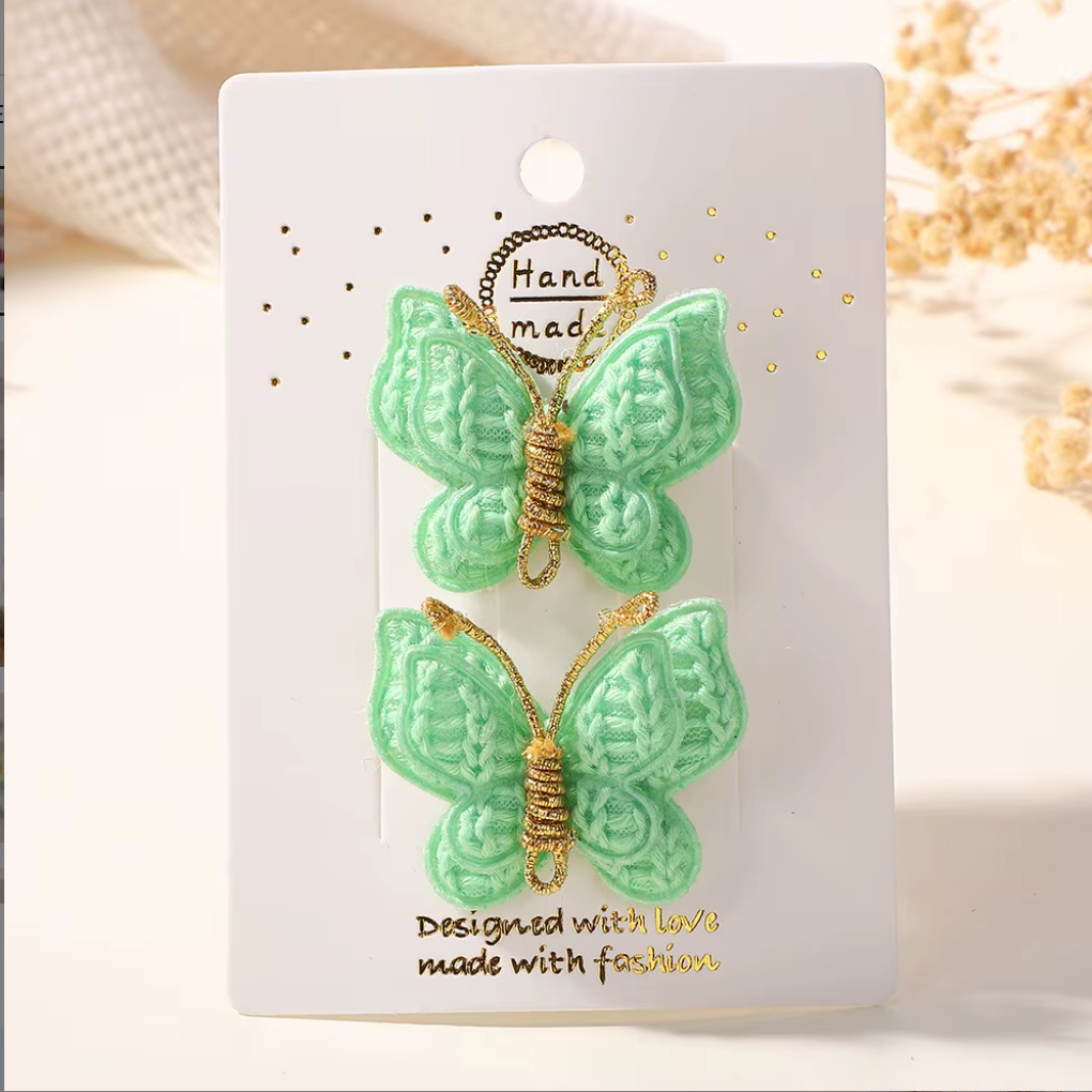 Handmade Embroidered Butterfly Side Hair Clips - Vintage Gold Wire Antenna Hairpins (2-Piece Set)