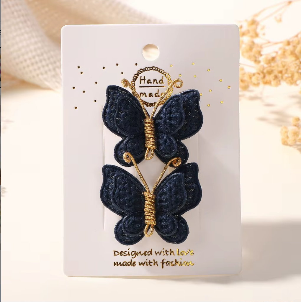 Handmade Embroidered Butterfly Side Hair Clips - Vintage Gold Wire Antenna Hairpins (2-Piece Set)