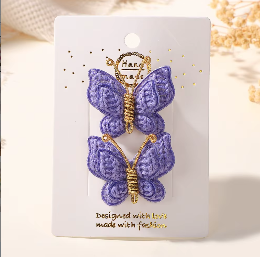 Handmade Embroidered Butterfly Side Hair Clips - Vintage Gold Wire Antenna Hairpins (2-Piece Set)