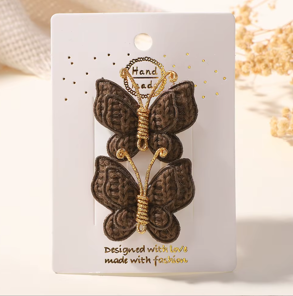 Handmade Embroidered Butterfly Side Hair Clips - Vintage Gold Wire Antenna Hairpins (2-Piece Set)