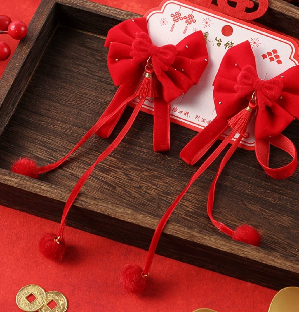 Festive Red Velvet Bow Hair Clips with Long Tassels & Pearl Accents - Vintage Hair Barrettes (2-Piece Set)