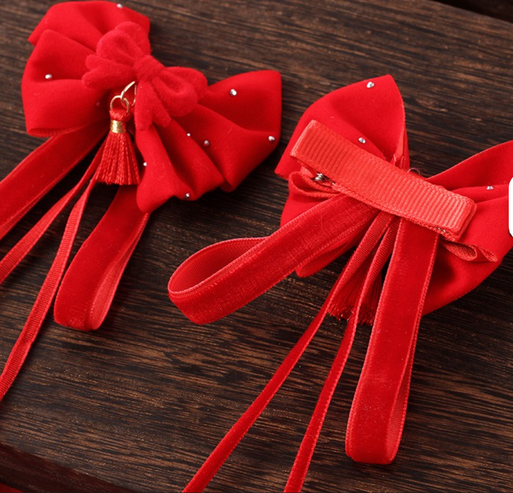 Festive Red Velvet Bow Hair Clips with Long Tassels & Pearl Accents - Vintage Hair Barrettes (2-Piece Set)