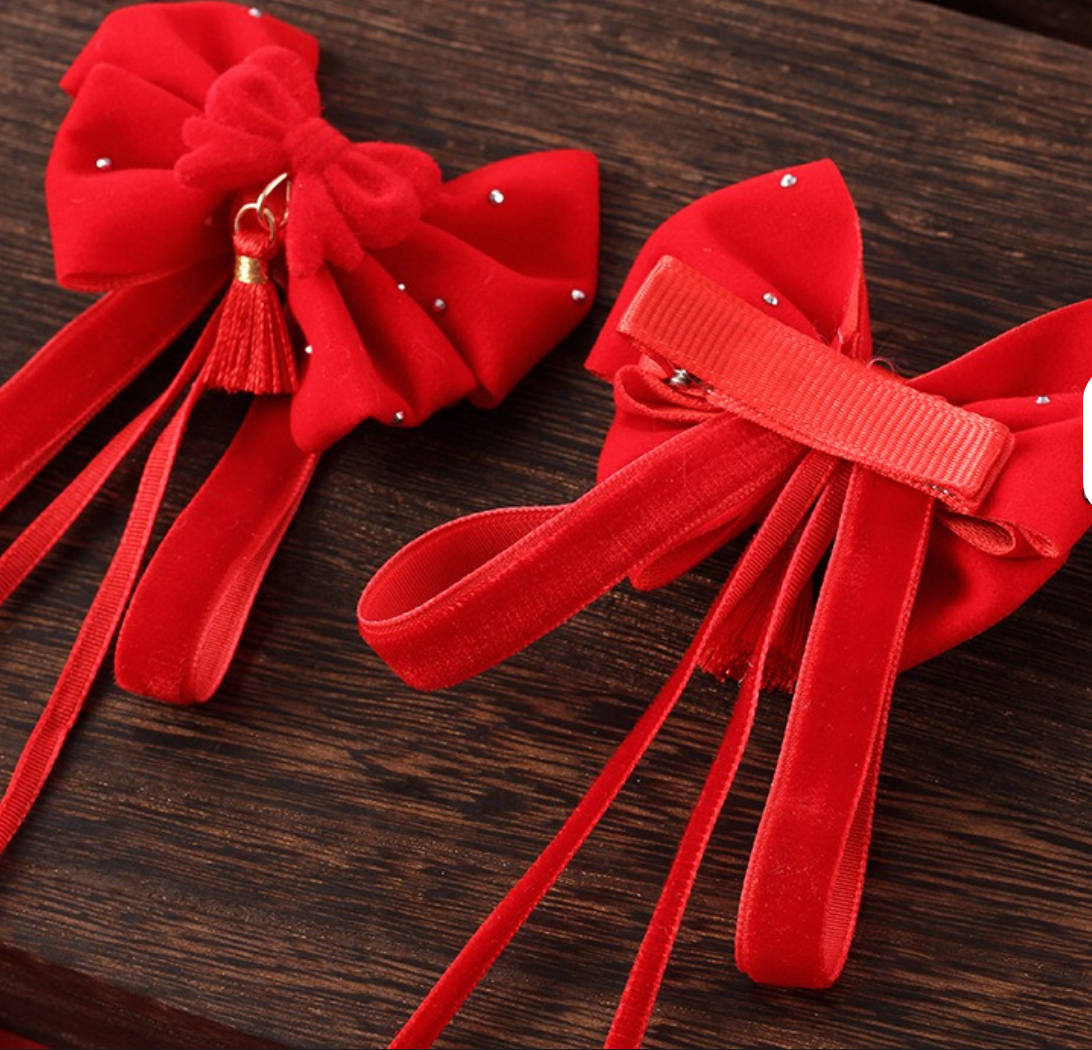 Festive Red Velvet Bow Hair Clips with Long Tassels & Pearl Accents - Vintage Hair Barrettes (2-Piece Set)