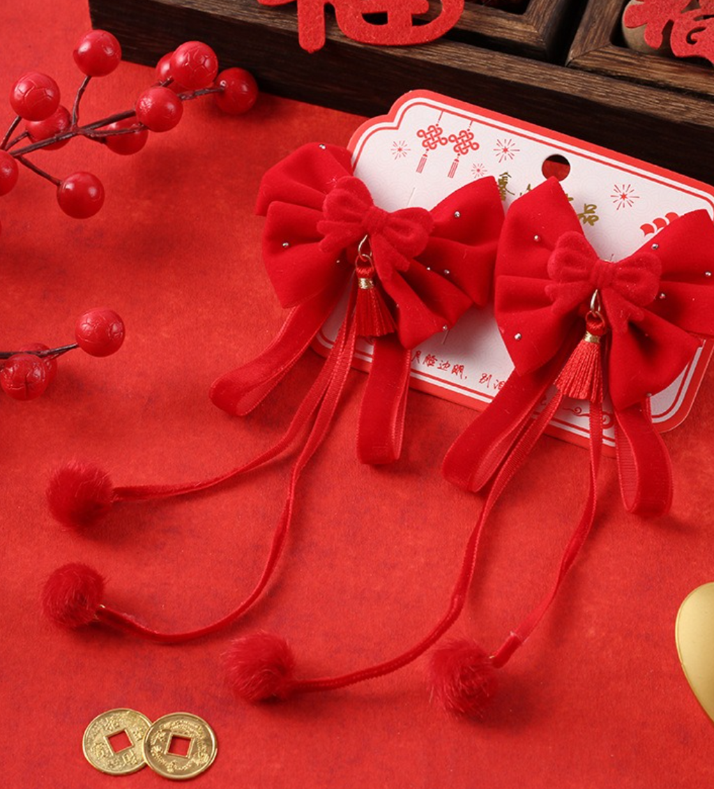 Festive Red Velvet Bow Hair Clips with Long Tassels & Pearl Accents - Vintage Hair Barrettes (2-Piece Set)