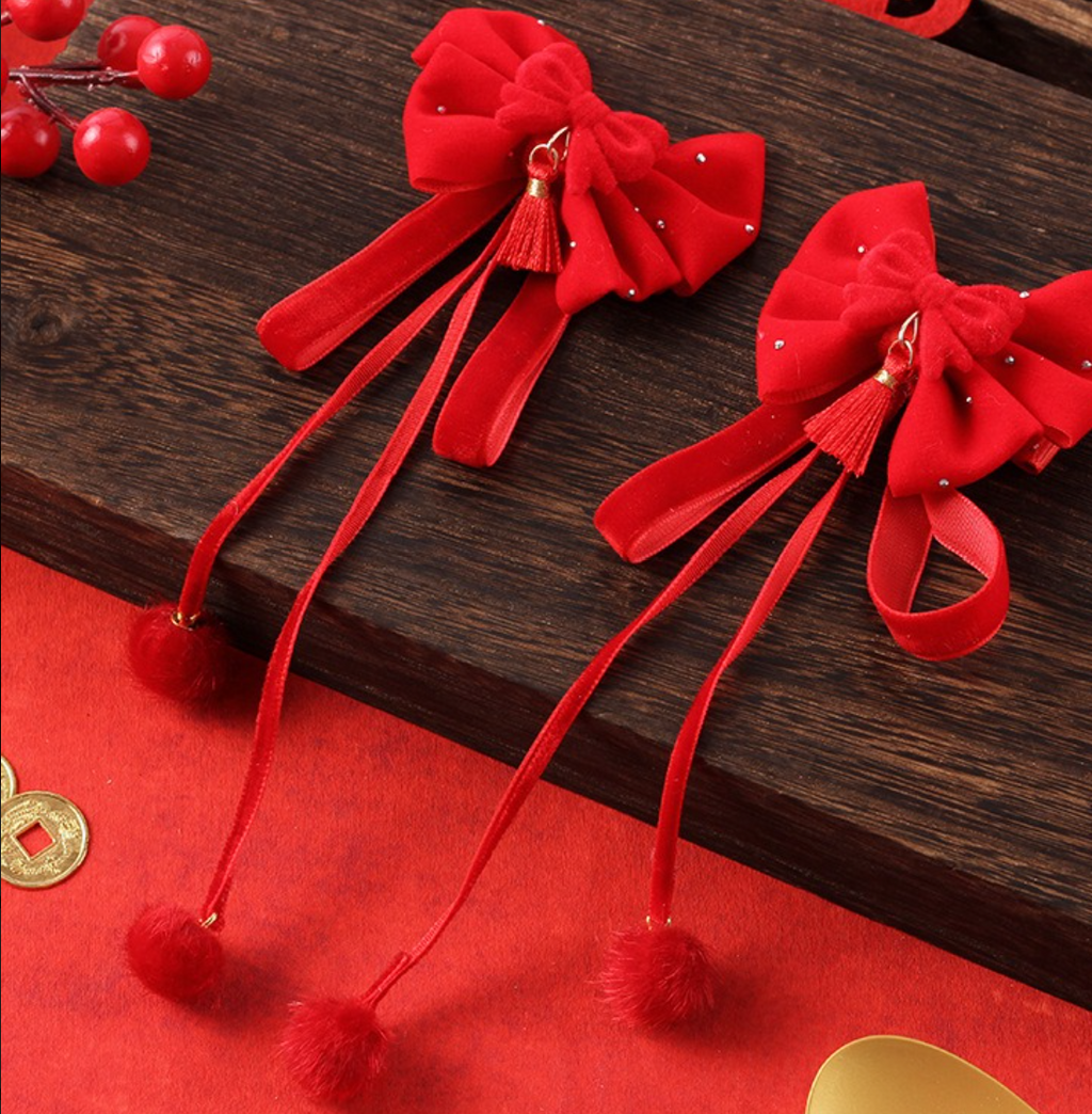 Festive Red Velvet Bow Hair Clips with Long Tassels & Pearl Accents - Vintage Hair Barrettes (2-Piece Set)