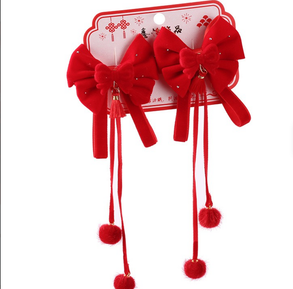 Festive Red Velvet Bow Hair Clips with Long Tassels & Pearl Accents - Vintage Hair Barrettes (2-Piece Set)