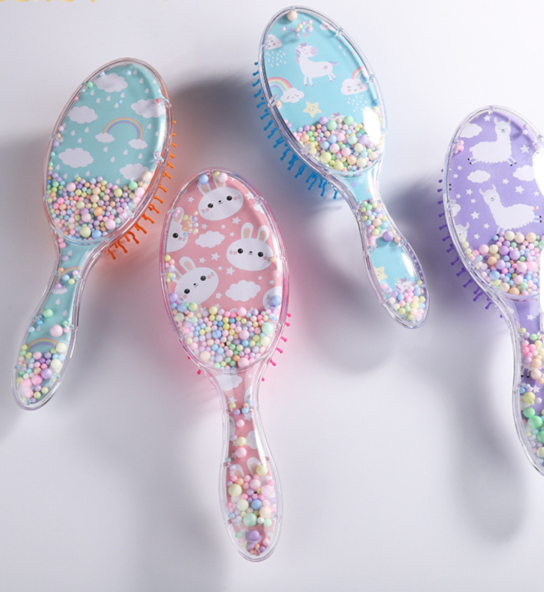 Cute Liquid Glitter & Sequin Detangling Hairbrush - Painless Tangle-Free Cartoon Hair Comb for Girls
