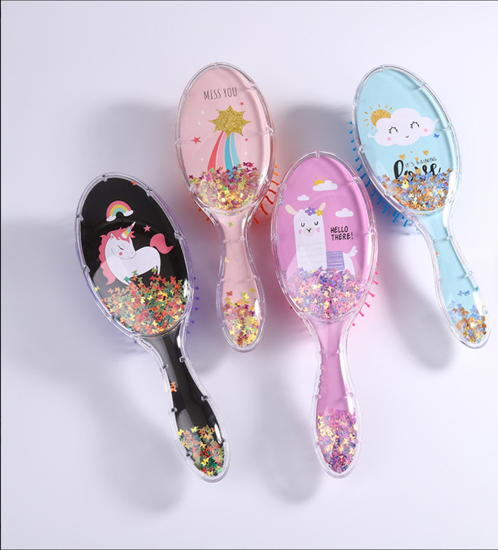 Cute Liquid Glitter & Sequin Detangling Hairbrush - Painless Tangle-Free Cartoon Hair Comb for Girls