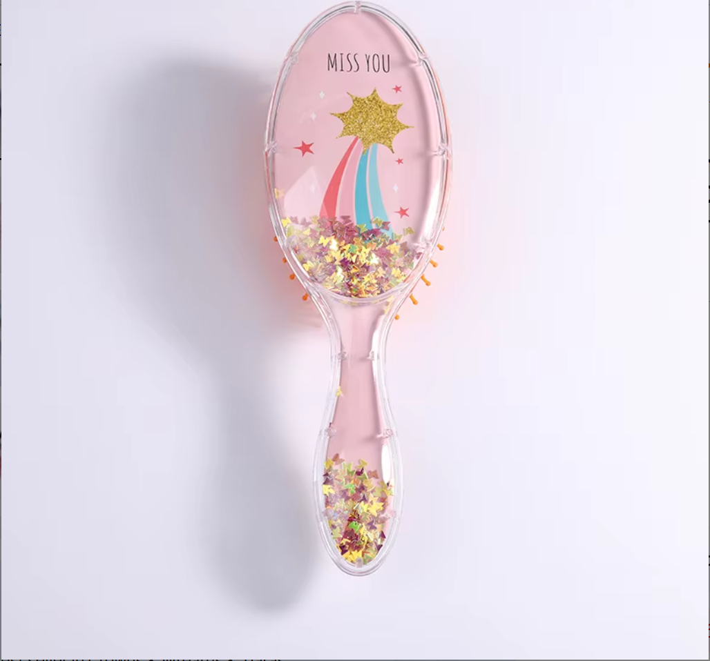 Cute Liquid Glitter & Sequin Detangling Hairbrush - Painless Tangle-Free Cartoon Hair Comb for Girls