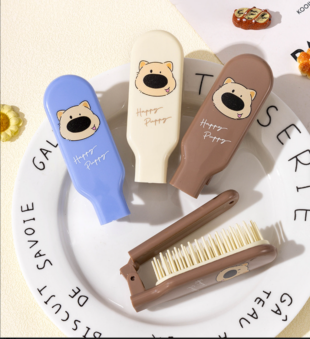 Cute Folding Travel Hairbrush for Kids - Portable Mini Pocket Hair Brush with Mirror & Cartoon Design (Wet & Dry Hair)