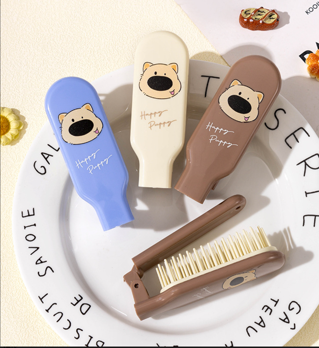 Cute Folding Travel Hairbrush for Kids - Portable Mini Pocket Hair Brush with Mirror & Cartoon Design (Wet & Dry Hair)