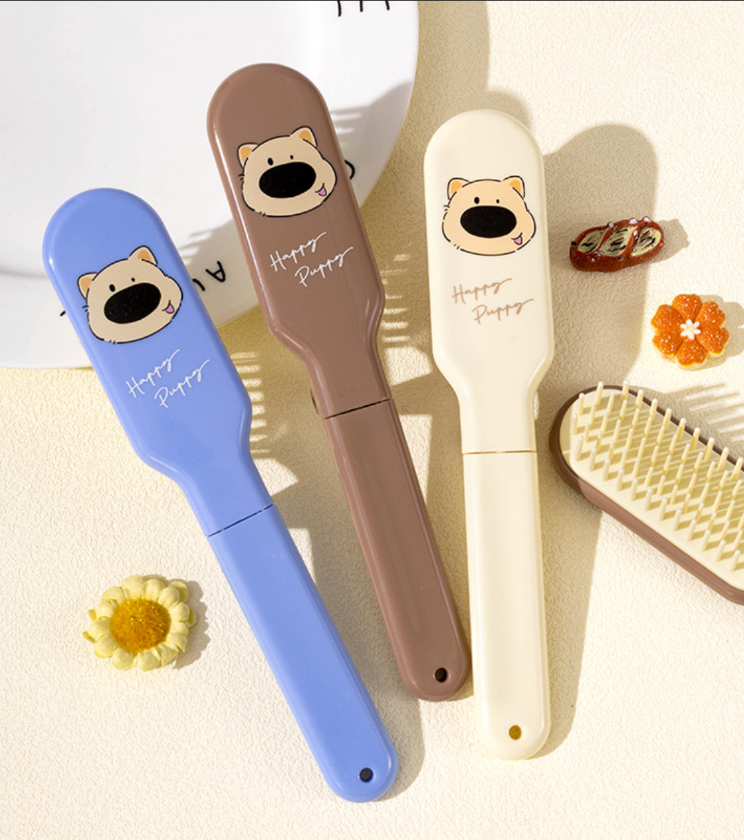 Cute Folding Travel Hairbrush for Kids - Portable Mini Pocket Hair Brush with Mirror & Cartoon Design (Wet & Dry Hair)