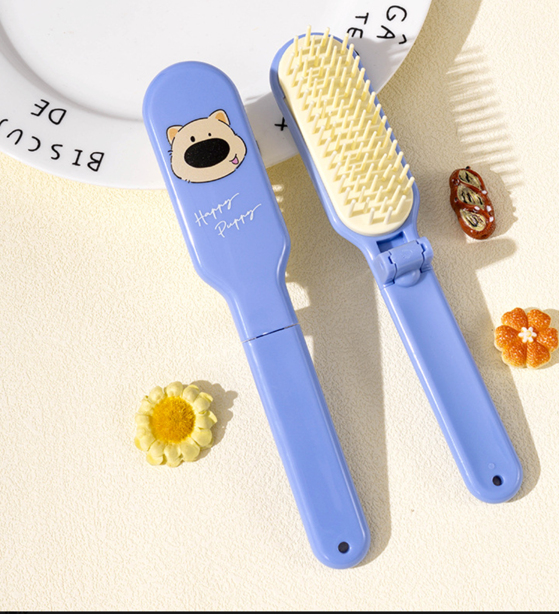 Cute Folding Travel Hairbrush for Kids - Portable Mini Pocket Hair Brush with Mirror & Cartoon Design (Wet & Dry Hair)