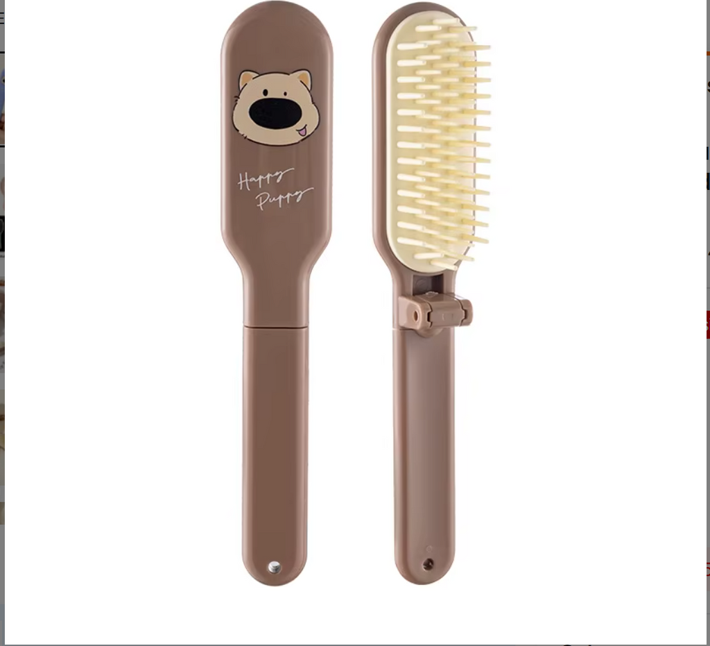 Cute Folding Travel Hairbrush for Kids - Portable Mini Pocket Hair Brush with Mirror & Cartoon Design (Wet & Dry Hair)