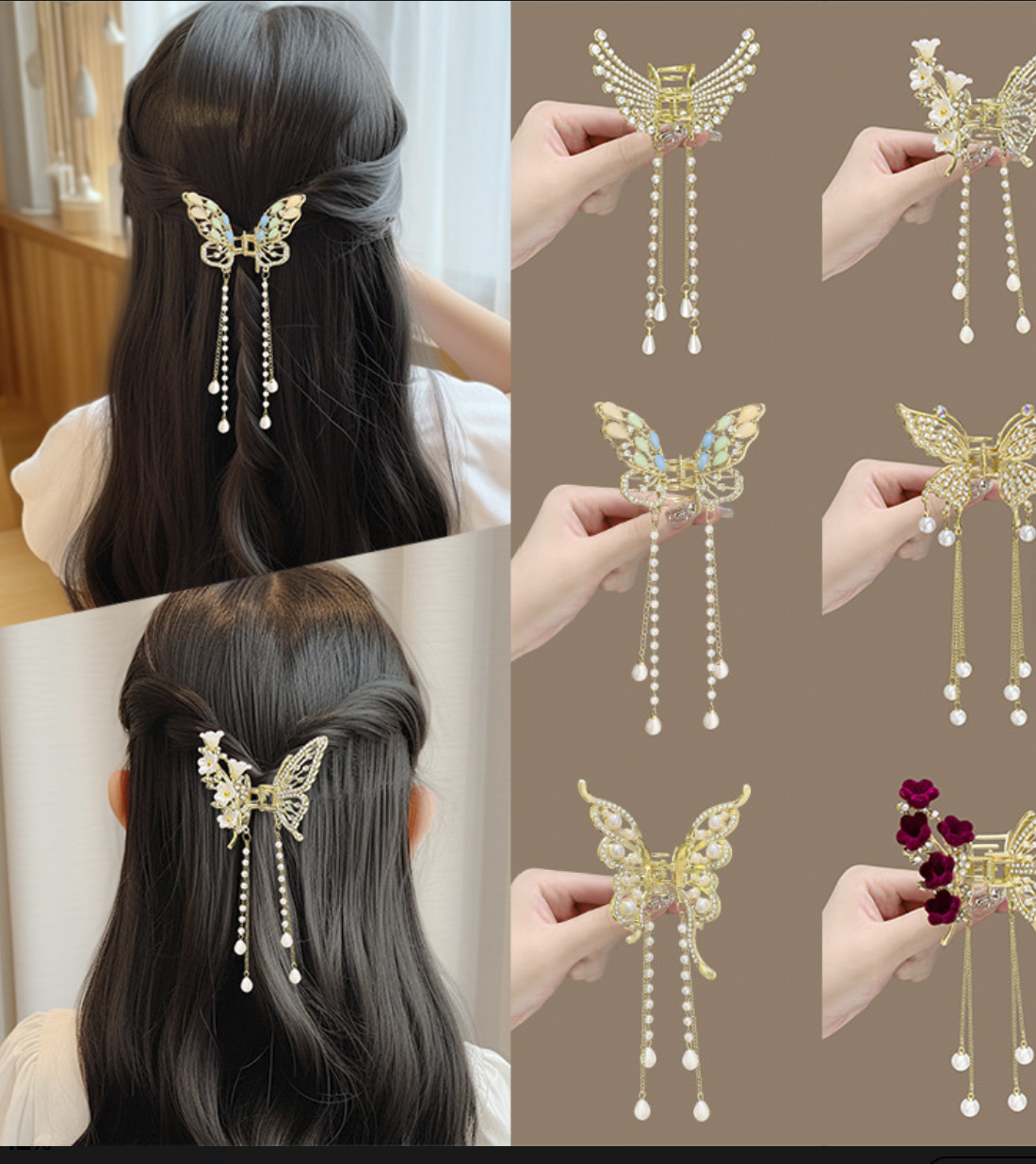 Elegant Metal Butterfly Hair Claw with Tassels & Pearls - Vintage Long Fringe Hairpin Claw Clip