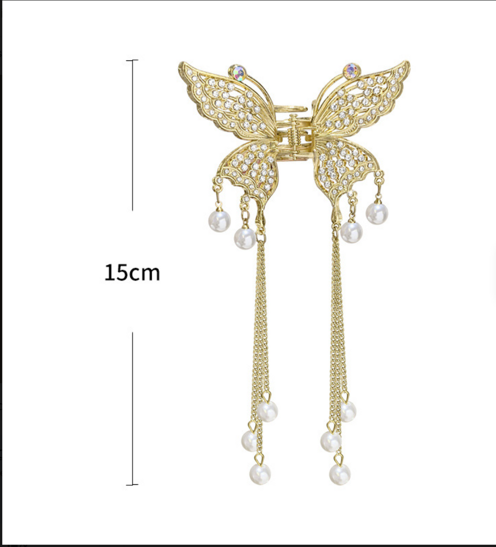 Elegant Metal Butterfly Hair Claw with Tassels & Pearls - Vintage Long Fringe Hairpin Claw Clip