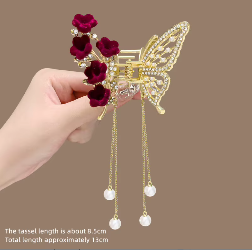Elegant Metal Butterfly Hair Claw with Tassels & Pearls - Vintage Long Fringe Hairpin Claw Clip