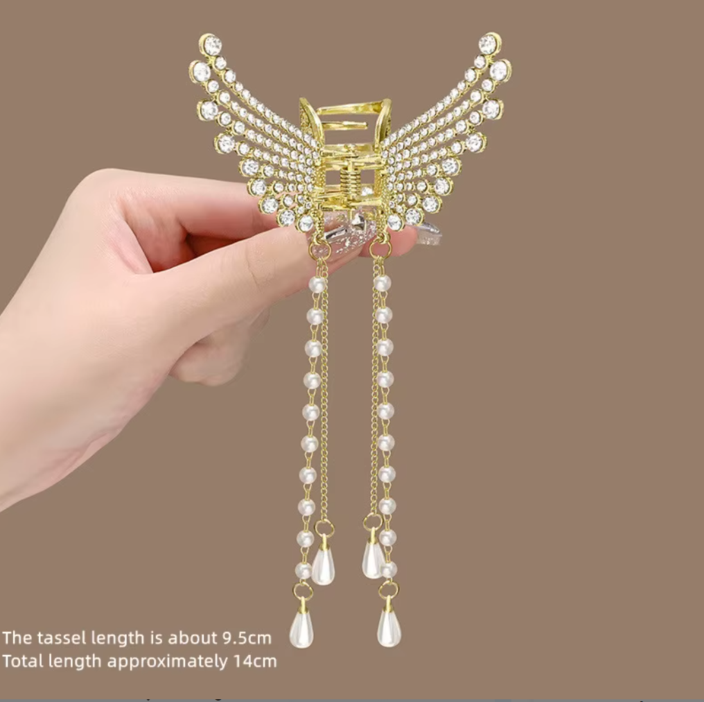 Elegant Metal Butterfly Hair Claw with Tassels & Pearls - Vintage Long Fringe Hairpin Claw Clip