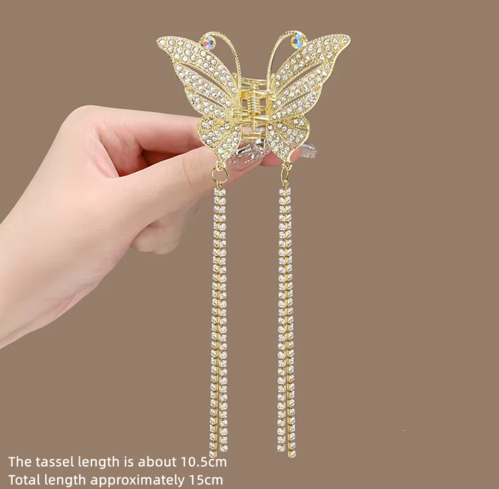 Elegant Metal Butterfly Hair Claw with Tassels & Pearls - Vintage Long Fringe Hairpin Claw Clip