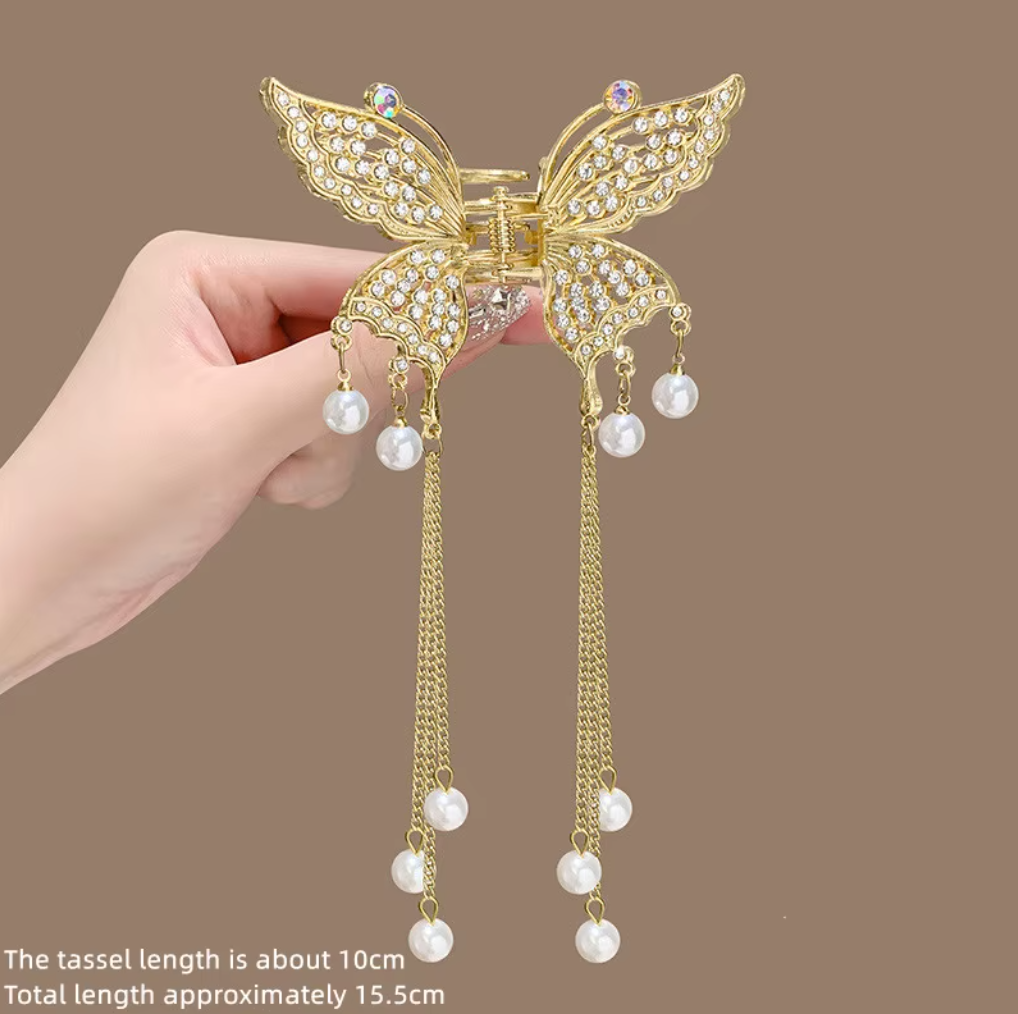 Elegant Metal Butterfly Hair Claw with Tassels & Pearls - Vintage Long Fringe Hairpin Claw Clip