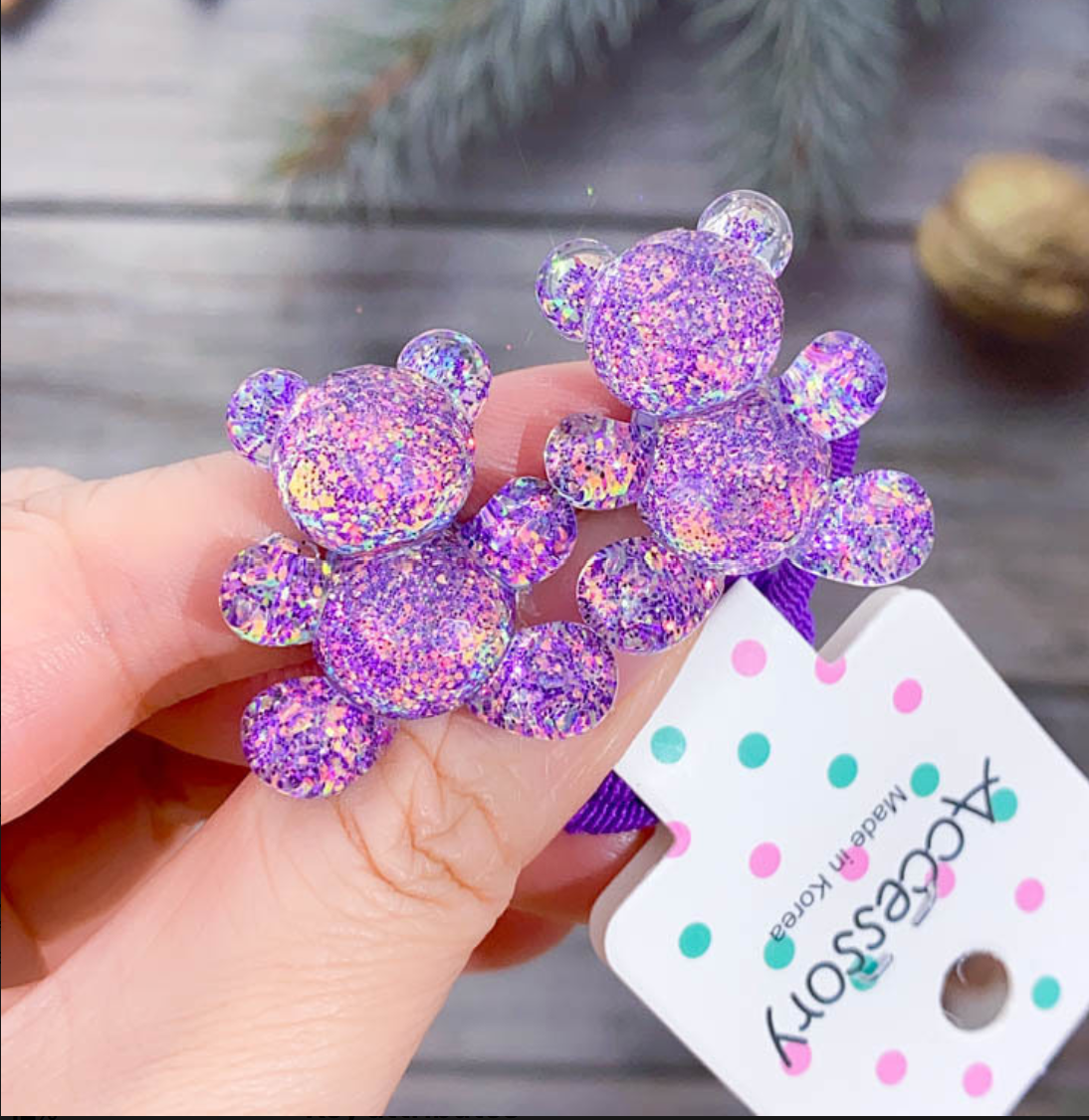 Glitter Gummy Bear Elastic Hair Ties - Cute Transparent Bear Ponytail Holders (2-Piece Set)