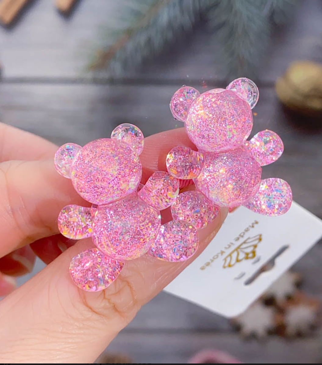 Glitter Gummy Bear Elastic Hair Ties - Cute Transparent Bear Ponytail Holders (2-Piece Set)