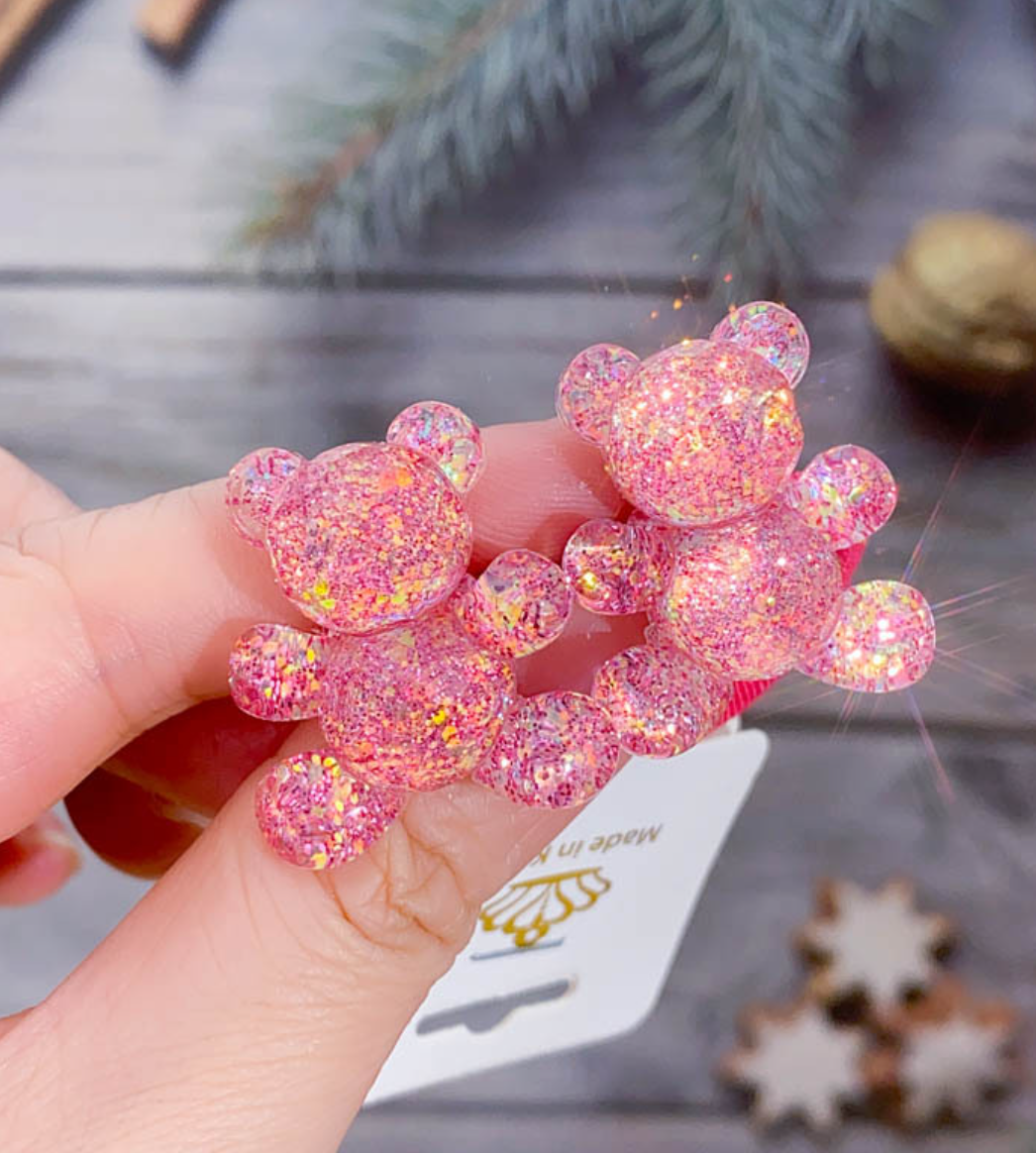 Glitter Gummy Bear Elastic Hair Ties - Cute Transparent Bear Ponytail Holders (2-Piece Set)