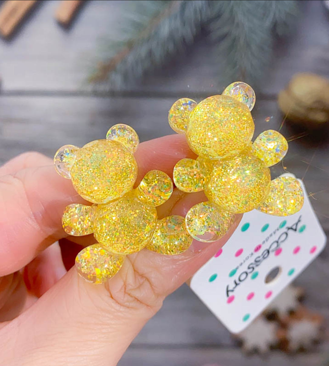 Glitter Gummy Bear Elastic Hair Ties - Cute Transparent Bear Ponytail Holders (2-Piece Set)