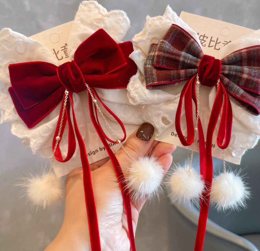 Layered Velvet & Plaid Bow Hair Clips - Elegant Tulle & Draping Pom-Pom Hair Accessories
