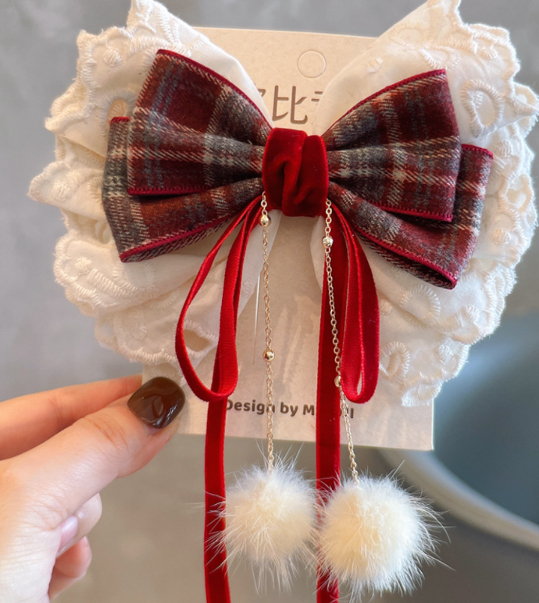 Layered Velvet & Plaid Bow Hair Clips - Elegant Tulle & Draping Pom-Pom Hair Accessories