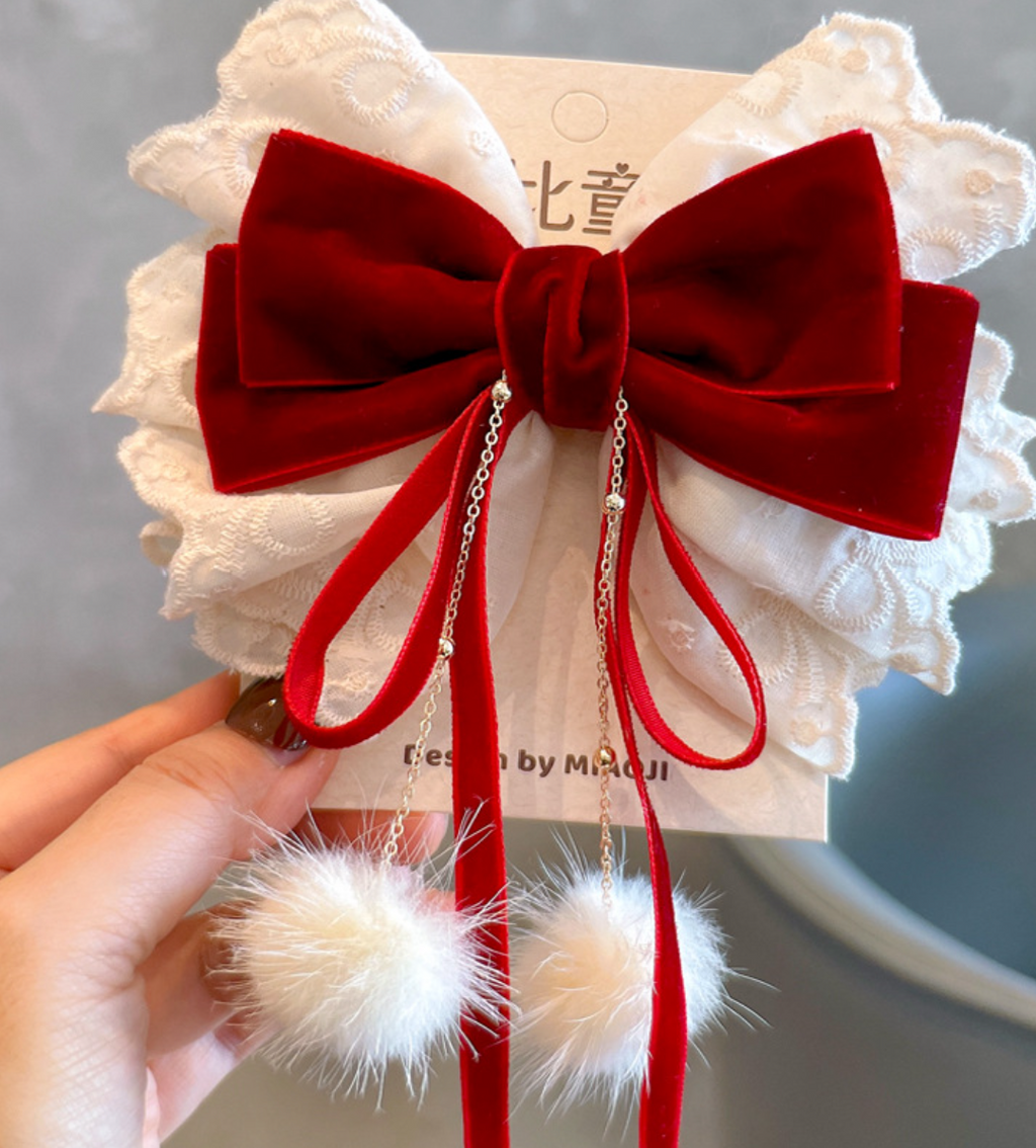 Layered Velvet & Plaid Bow Hair Clips - Elegant Tulle & Draping Pom-Pom Hair Accessories