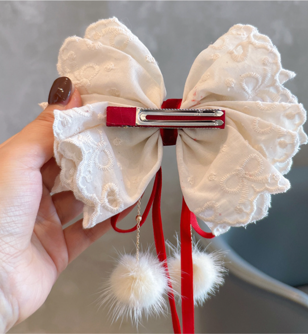 Layered Velvet & Plaid Bow Hair Clips - Elegant Tulle & Draping Pom-Pom Hair Accessories