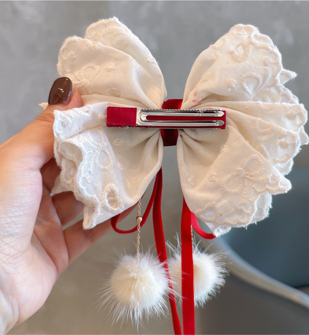 Layered Velvet & Plaid Bow Hair Clips - Elegant Tulle & Draping Pom-Pom Hair Accessories